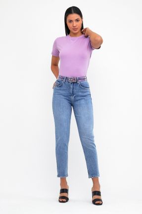 شلوار جین بنفش زنانه پاچه رگولار فاق بلند جین بلند کد 239744345