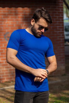 تی شرت آبی مردانه اسلیم فیت یقه گرد پنبه (نخی) تکی بیسیک کد 241862951