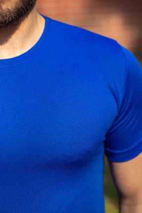 تی شرت آبی مردانه اسلیم فیت یقه گرد پنبه (نخی) تکی بیسیک کد 241862951