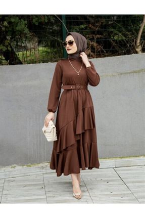 لباس قهوه ای زنانه آسیمتریک بافت مخلوط پلی استر کد 283574126
