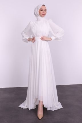 لباس مجلسی اسلامی سفید زنانه یقه ایستاده شیفون A-line کد 244427612