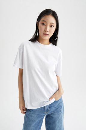 تی شرت سفید زنانه رگولار یقه گرد پنبه (نخی) تکی بیسیک کد 244126066
