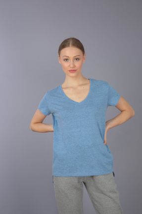 تی شرت آبی زنانه رگولار پنبه (نخی) یقه هفت کد 68528427