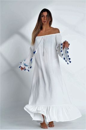 لباس سفید زنانه بافتنی ویسکون آستین-بلند بیسیک کد 250576594