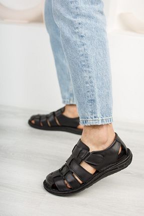 صندل مشکی مردانه پاشنه تخت İmerShoes - کد 103916487