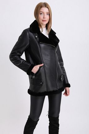 پالتو پشمی مشکی زنانه رگولار Leather Club - کد 260982373