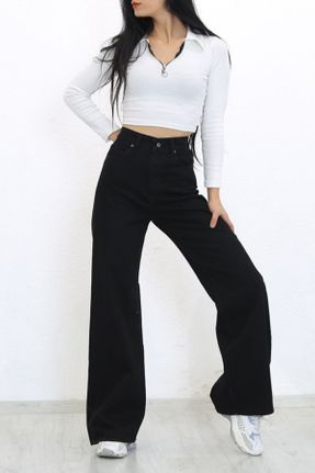 شلوار جین مشکی زنانه پاچه گشاد فاق بلند پارچه ای جوان بلند کد 255216921