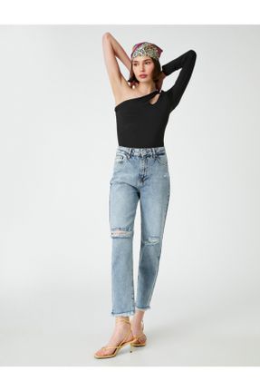 شلوار جین سرمه ای زنانه پاچه لوله ای فاق بلند پنبه (نخی) استاندارد کد 260592716