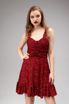 لباس قرمز زنانه بافتنی ویسکون طرح گلدار تنگ بند دار کد 262623614