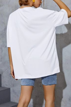 تی شرت سفید زنانه پنبه (نخی) اورسایز یقه گرد تکی کد 261275676