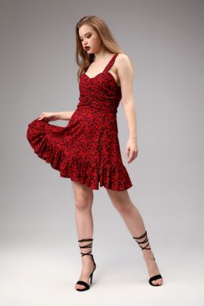لباس قرمز زنانه بافتنی ویسکون طرح گلدار تنگ بند دار کد 262623614