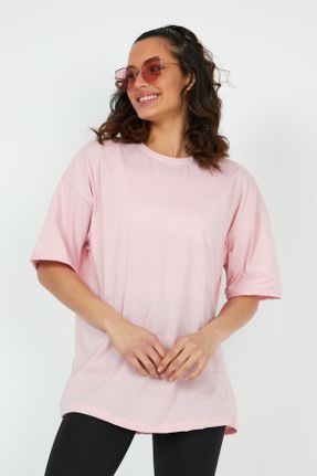 تی شرت صورتی زنانه اورسایز یقه گرد 1 - 5 کد 263619034