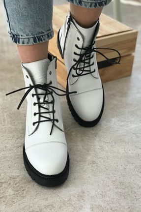 بوت / نیم بوت سفید زنانه چرم خالص TUNAELLİ - کد 70294594