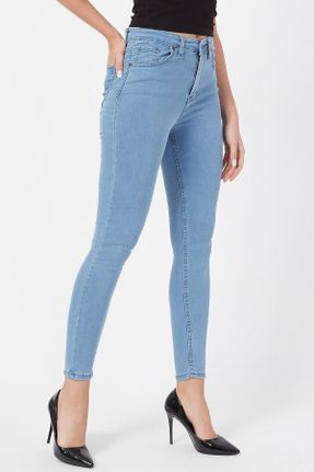 شلوار جین آبی زنانه پاچه لوله ای پنبه - پلی استر - الاستن ساده کد 101122362