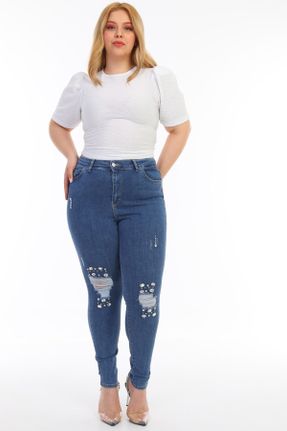 شلوار جین سایز بزرگ آبی زنانه پاچه تنگ فاق بلند بلند کد 272224564