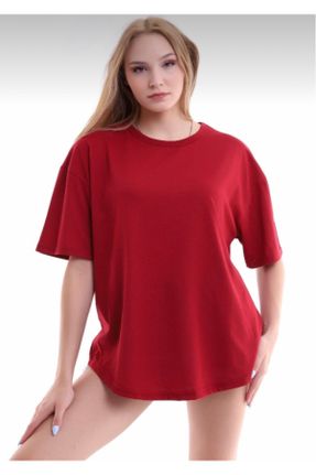 تی شرت زرشکی زنانه اورسایز یقه گرد پنبه (نخی) کد 272707779