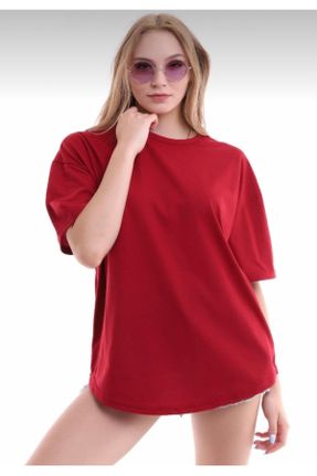 تی شرت زرشکی زنانه اورسایز یقه گرد پنبه (نخی) کد 272707779