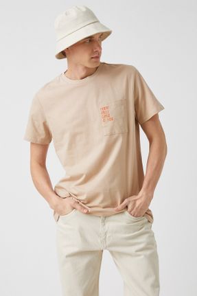 تی شرت بژ مردانه رگولار یقه گرد تکی کد 268202711