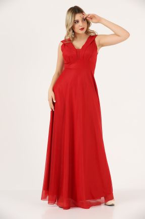 لباس مجلسی قرمز زنانه تور بدون آستین یقه شالی آستر دار کد 277080117
