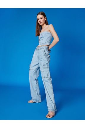 شلوار جین آبی زنانه پاچه گشاد فاق بلند پنبه (نخی) کارگو کد 276707687