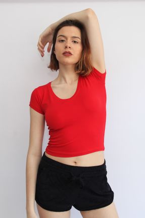 تی شرت قرمز زنانه رگولار یقه هفت پنبه (نخی) تکی کد 40505744