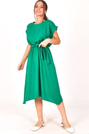 لباس سبز زنانه بافتنی مخلوط ویسکون ریلکس آستین-کوتاه بیسیک کد 2877037