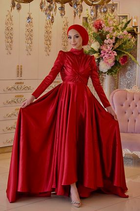 لباس مجلسی حجاب قرمز زنانه یقه دوچرخه MAHİDEVRAN - کد 283634256