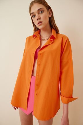 پیراهن نارنجی زنانه اورسایز یقه پیراهنی پلی استر کد 286257711