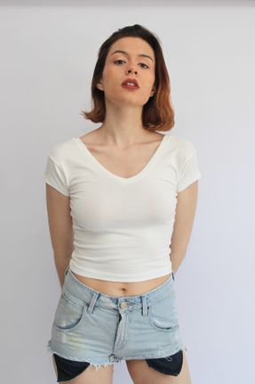 تی شرت نباتی زنانه کراپ یقه هفت پنبه (نخی) کد 40420817