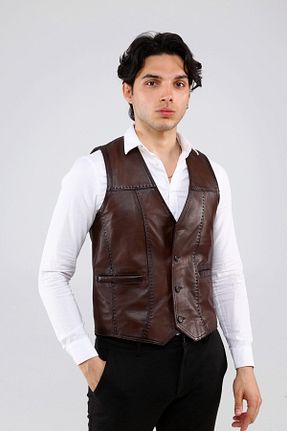 جلیقه قهوه ای مردانه اسلیم فیت CE-YIL DERİ ÜRÜNLERİ - کد 281902023