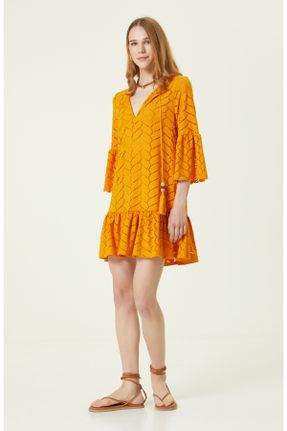 لباس نارنجی زنانه بافتنی مخلوط پلی استر اسلیم فیت آستین سه ربع کد 290750278