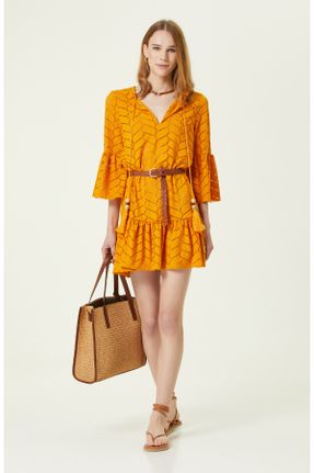 لباس نارنجی زنانه بافتنی مخلوط پلی استر اسلیم فیت آستین سه ربع کد 290750278