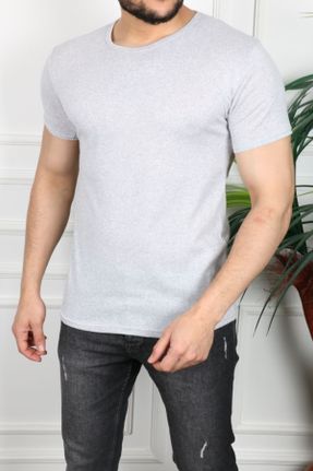 تی شرت طوسی مردانه اسلیم فیت یقه گرد پنبه (نخی) تکی بیسیک کد 246508501