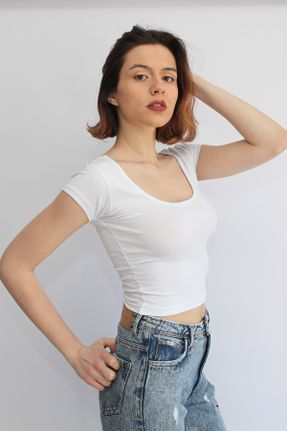 تی شرت سفید زنانه کراپ فیت یقه U پنبه (نخی) کد 40507293