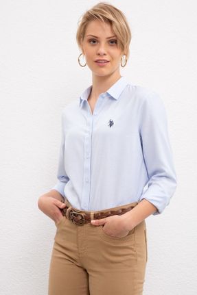 پیراهن آبی زنانه یقه پیراهنی پنبه - پلی استر اسلیم فیت کد 42639037