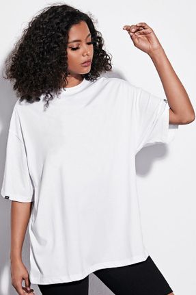 تی شرت سفید زنانه اورسایز یقه گرد تکی کد 107088301
