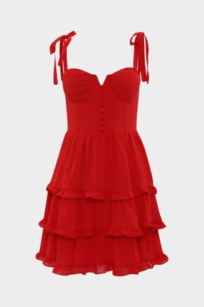 لباس قرمز زنانه بافتنی کرپ اسلیم فیت بند دار کد 299812166