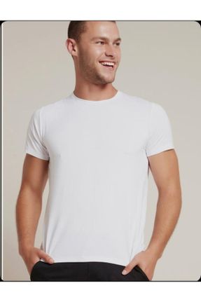 تی شرت سفید مردانه اسلیم فیت یقه گرد پنبه (نخی) تکی کد 302819113