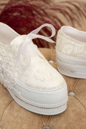کفش مجلسی سفید زنانه پارچه نساجی پاشنه متوسط ( 5 - 9 cm ) پاشنه پر کد 301775516