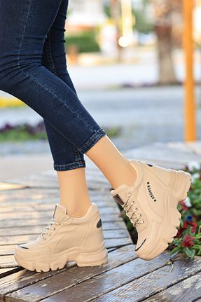کفش اسنیکر بژ زنانه بند دار LEYDİ SHOES - کد 301329520