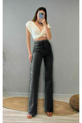 شلوار جین طوسی زنانه پاچه گشاد فاق بلند استاندارد کد 305606282
