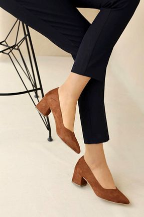کفش پاشنه بلند کلاسیک قهوه ای زنانه پارچه LDÇ - کد 47611775