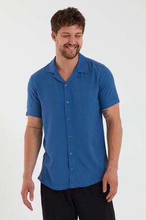 پیراهن آبی مردانه رگولار یقه پیراهنی پنبه (نخی) کد 305360089