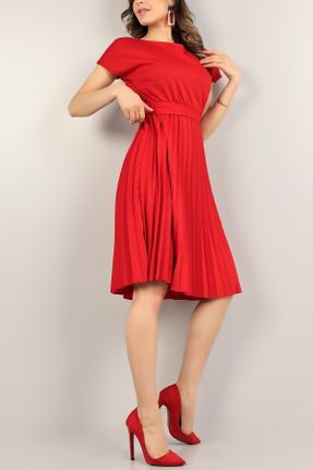 لباس قرمز زنانه بافتنی کرپ گلوژ آستین-کوتاه کد 305448750