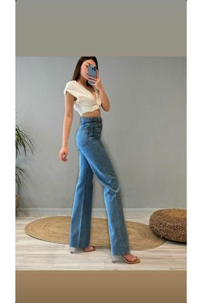 شلوار جین آبی زنانه پاچه گشاد فاق بلند ساده بلند کد 305604480