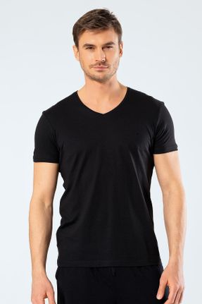 تی شرت مشکی مردانه رگولار یقه هفت مودال- پنبه تکی کد 307539535