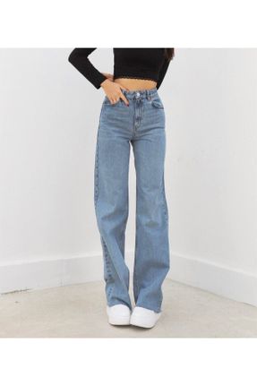 شلوار جین آبی زنانه پاچه راحت فاق بلند ساده بلند کد 306234575