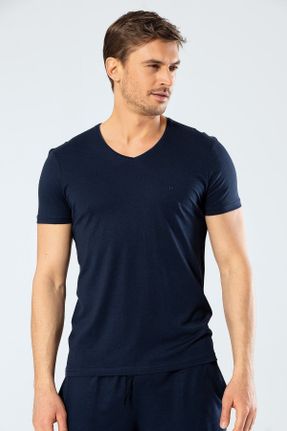 تی شرت سرمه ای مردانه رگولار یقه هفت مودال- پنبه تکی کد 307531504