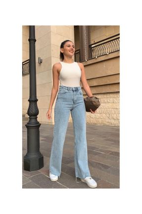 شلوار جین آبی زنانه پاچه گشاد فاق بلند جین ساده جوان کد 307152915