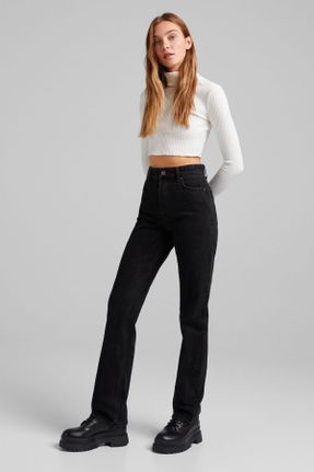 شلوار جین مشکی زنانه پاچه راحت سوپر فاق بلند جین ساده کد 310180549